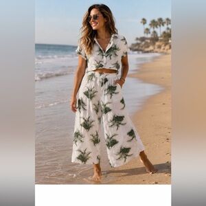 Women’s Linen Palm-Print/Tropical Two-Piece Set xs/s
